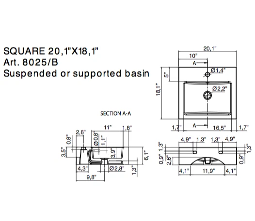 Fregadero cuadrado de baño Scarabeo blanco de cerámica montado en la pared o recipiente 8025/B Foto 2 de 4