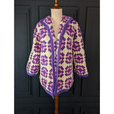 Vintage Wool Granny Square Crochet Cardigan Pink Purple Sweater Coat S M