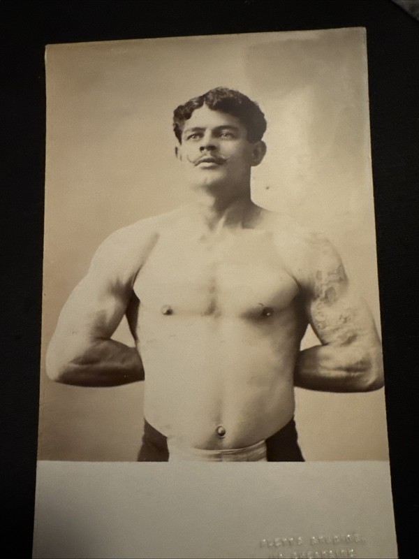 C 1918 Strongman Wrestler RPPC Weightlifter Tattoo Mustache Muscle Man  Fletts