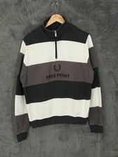 Fred Perry Jumper Mens Large Grey Black Striped Colourblock 1/4 Zip Terrraces FP