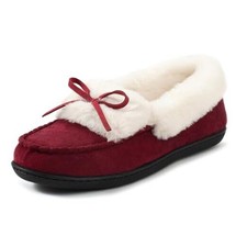 Women's Faux Fur Lined Micro Suede Moccasin Slipper 8 Wine