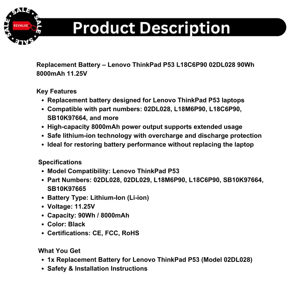 Batería de repuesto - Lenovo ThinkPad P53 L18C6P90 02DL028 90Wh 8000mAh 11.25V Foto 2 de 4