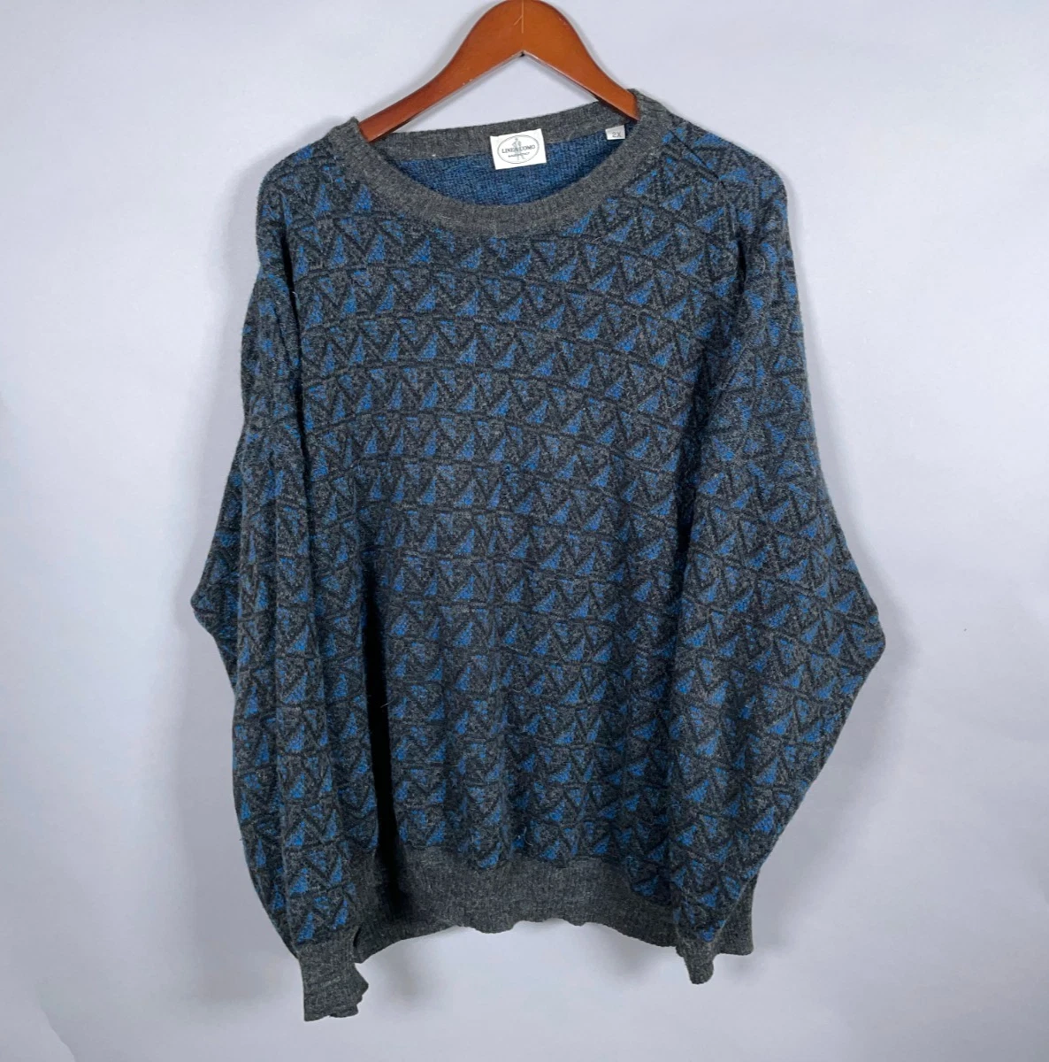 Linea Uomo Sweater Adult 2X Blue Gray Geometric Wool Knit Italy Made Dad Style