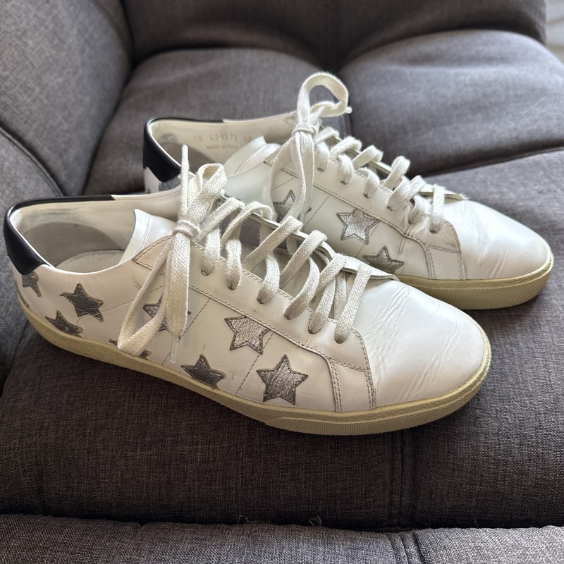 Saint Laurent White Leather Sneakers Silver Star Accents Lace Up Men's Casual
