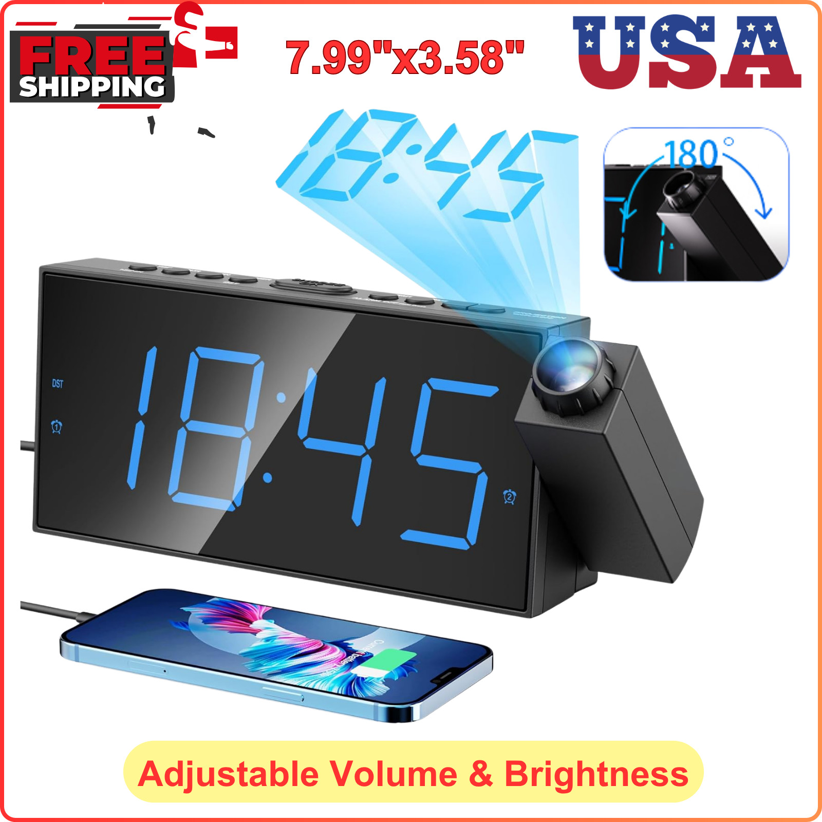 With 180&deg; Rotatable Projector,dual Alarms,usb
