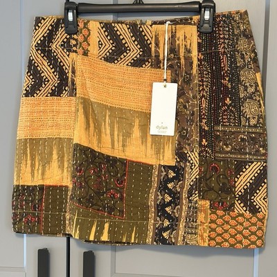 Dylan Quilted Petra Mini Skirt Sz L Patchwork Cotton Kantha Stitch Boho Cottage