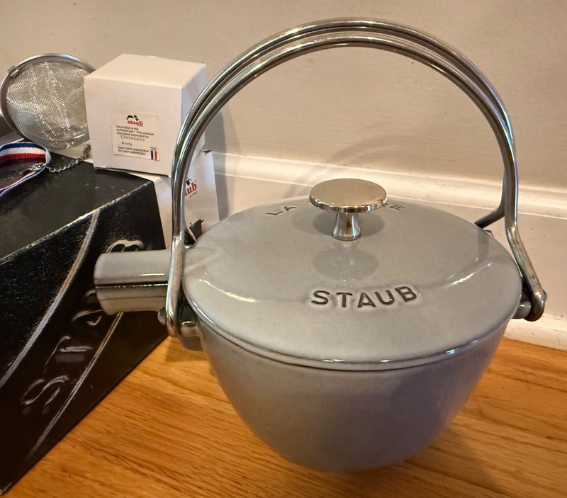 STAUB La Theiere Tea Kettle 1 Qt Gray Round - w/Infuser and Box - 6.5"