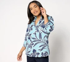 Denim & Co. Women's Top Sz XL Printed Poplin -Sleeve Collared Blue A656075