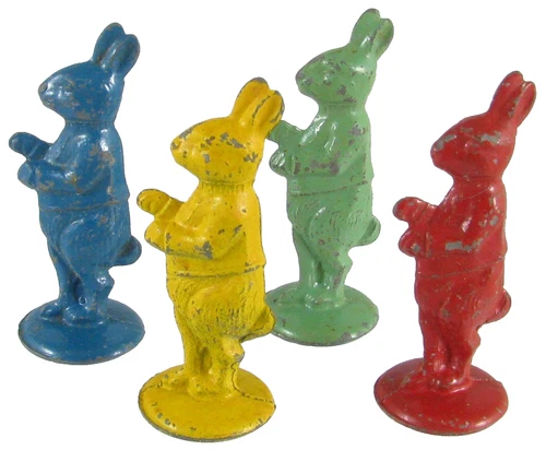Vintage 1940s Milton Bradley Uncle Wiggily Bunny Metal Game Pieces x 4, Rabbits