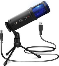 USB PC Recording Condenser Microphone - Blue LED, Adjustable Gain, Headphone ...