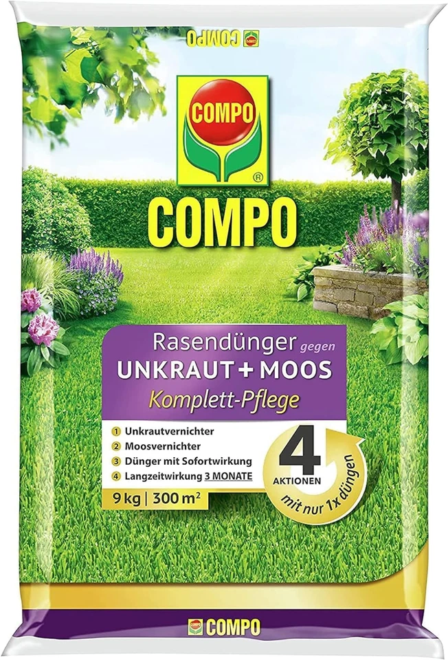 COMPO Rasendünger 9 kg–Gegen Unkraut & Moos,Für 300 m², 3 Monate Langzeitwirkung