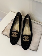 VINTAGE CHANEL BLACK VELEVET AND BEADED CC LOGO SLIP ON FLATS