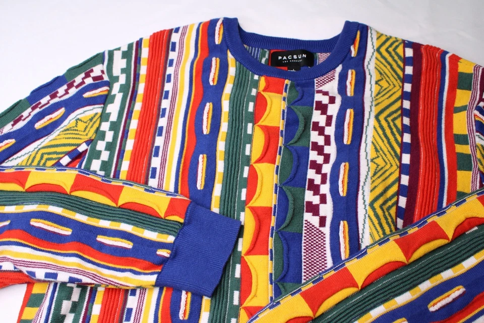 Suéter Estilo Coogi PACSUN Arco Iris Negro Tejido 3D Hombres Grande Cosby Biggie Años 90 Retro Foto 2 de 4
