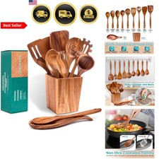 Wooden Kitchen Utensils Set 11 Pcs Acacia Wood Cooking Tools with Holder