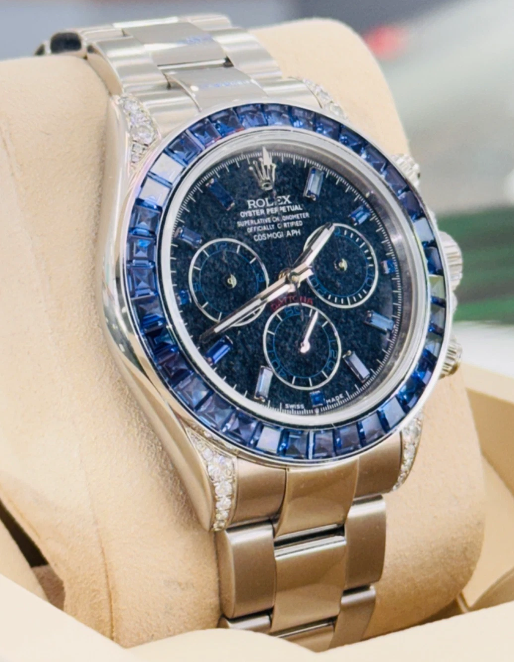 Rolex Daytona 116520 Cosmograph Steel Custom Blue Sapphire Dial and Bezel Watch