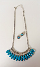 Faux Turquoise Statement Necklace Rhinestone Silver Chain  Earrings Set