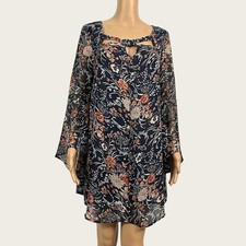Umgee SMALL Navy Blue Cream Rust Floral Boho Swing Shift Dress 3/4 Bell Sleeve