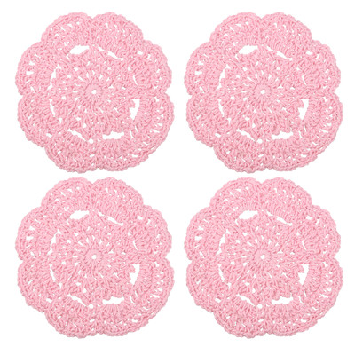 4Pcs Crochet Doilies 4'' Cotton Woven Round Fabric Coasters Pink