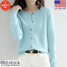 Women Cardigan Solid Color Sweater Cashmere Blend Simple Crew Neck Jacket Coat