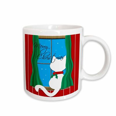 3dRose Merry Christmas - Cute White Cat in Snowy Window Mug