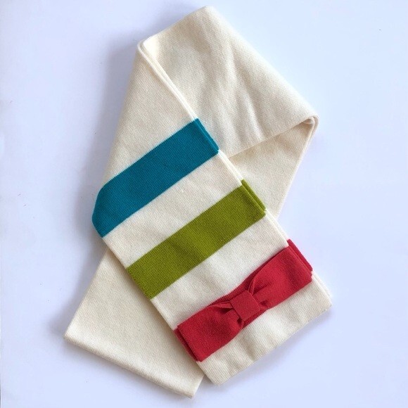 NWT Beige Cream Kate Spade Hudson Striped Scarf ? w/ Coral Red ? Bow NWT Kate Spade Hudson Cream Multicolored Stripe Wool Scarf  main image 3