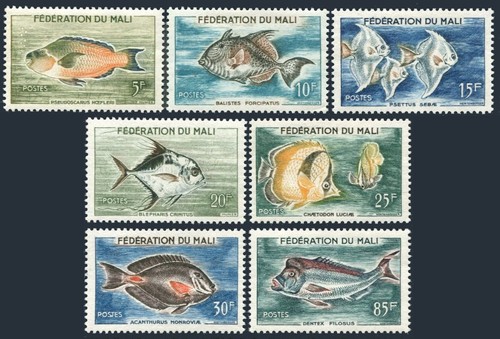 Mali 2-8, aufklappbar. Michel 6-12. Fisch 1960.