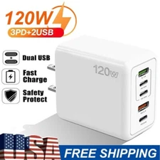 120W Fast Charger 5 Ports 3PD + 2USB Wall Charger USB C Power Adapte QC3.0