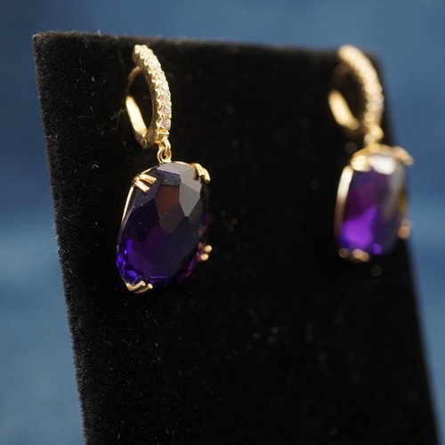 9k Yellow Gold, Amethyst & White Stone Huggie Drop Earrings - Free Shipping USA - Picture 2 of 7