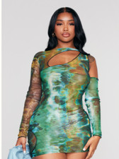 Prettylittlething Green Printed Mesh Asymmetric Cut Out Long Sleeved Dress 8