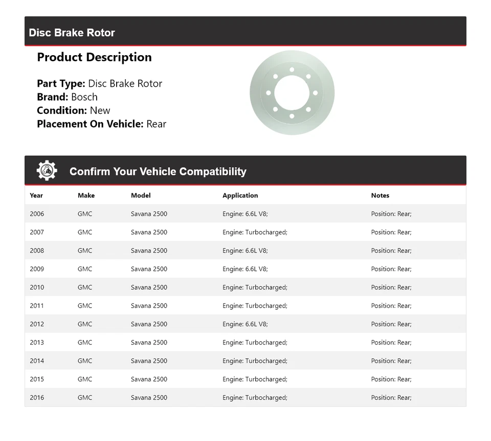 For 2006-2016 GMC Savana 2500 Bosch QuietCast Disc Brake Rotor Rear 2007 2008 Foto 2 de 4