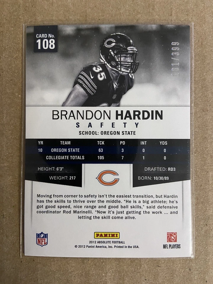 2012 Panini Absolute Rookies Retail /399 Brandon Hardin #108 Rookie RC - Image 2 of 2