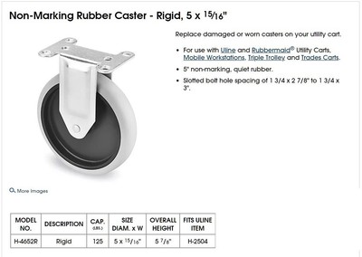 4 Pack ULINE Non-Marking Rubber Caster Swivel, 5 x 15 16'' H-4652S Rigid