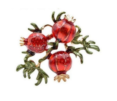 Brosche Schmuck Obst rot Granatapfel Stil aus Stahl.