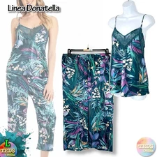 NWT Linea Donatella Women's L 2-Pc. Cropped Satin Pajamas Set HYN146, Turquois