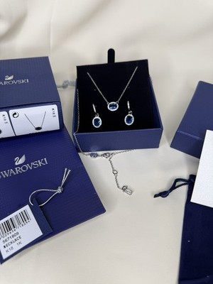 Swarovski Blau Silber Set Halskette Ohrringe Oval Verpackt