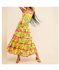 Farm Rio Smocked Sweetheart Strappy Floral Midi Maxi Dress Yellow Multi L