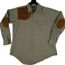 The Cotton Company USA Vintage Shooting Shirt Men L Tan Denim Leather Patched