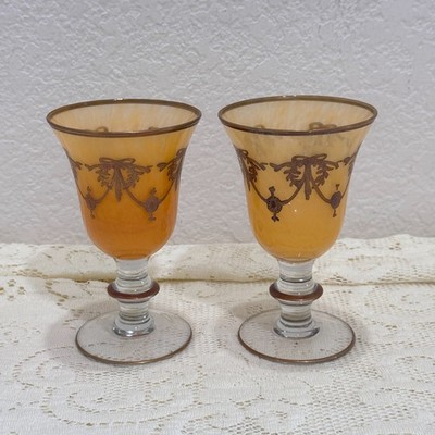 Vintage Arte Italica Medici 24K Gold Ruby Wine Glasses Set 2 Italy Rim Chips