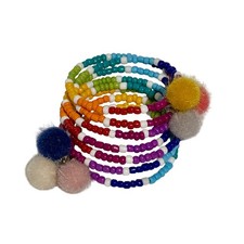 Handmade Boho Rainbow Beaded Coil Bracelet Set Pom Pom Charms