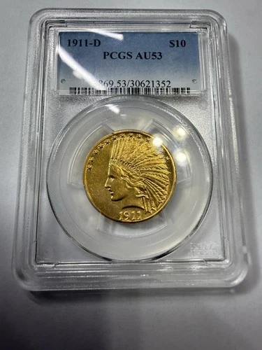1911-D $10 Indian Head Golden Coin PCGS AU53 Key Dated
