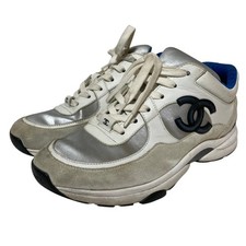 CHANEL COCO Mark Suede Leather Low-Top Sneakers G33743 38 White/Gray Women USED