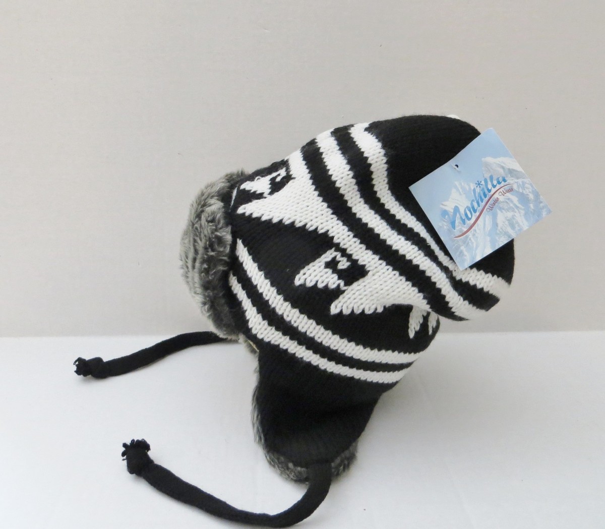 Trapper Hat Knit with Faux Fur Lined with Ties Black & White One