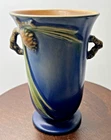 Roseville Pinecone 6" Vase Blue 838 Arts Crafts Pottery USA Made Small Chip