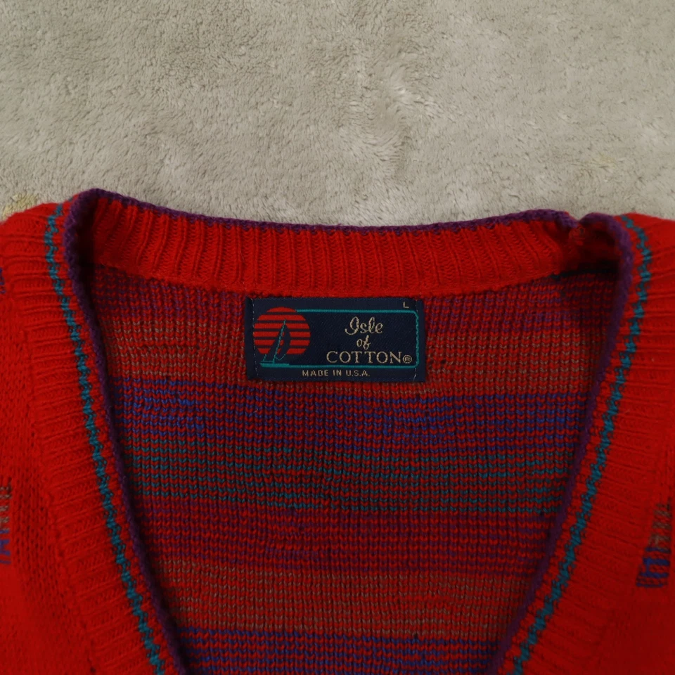 Chaleco Suéter Vintage Isla de Algodón Rojo Geo Estampado Para Hombre Talla Grande Hecho en EE. UU. Foto 2 de 4