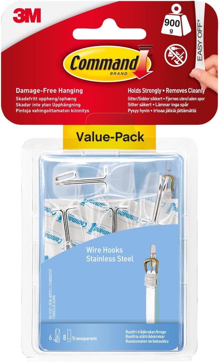 Command Wire Toggle Medium Hook, Pack of 6 Hooks and 8 Adhesive Strips, Transpar