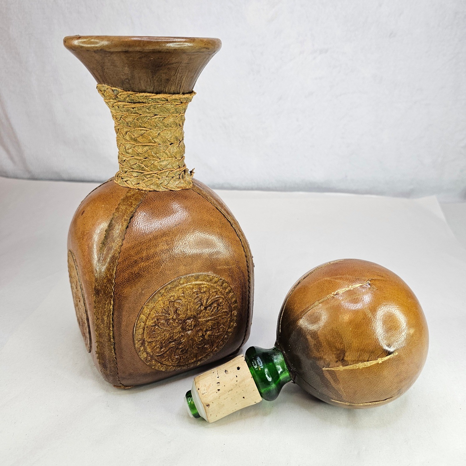 Vintage Brown Leather Decanter Bottle w/ Ball Stopper Rustic Neck Made in Italy
