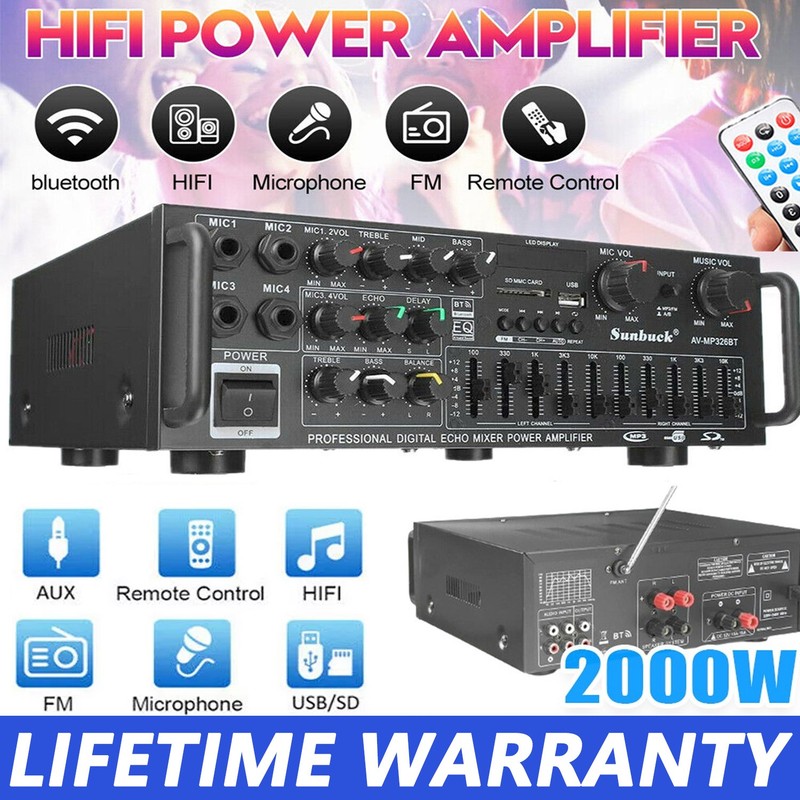 2000W Digital Power Amplifier Bluetooth Stereo HiFi Audio 2CH USB SD FM Remote