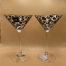 Leopard Print Martini Cocktail Glasses-Clear Glass with Gold Trim-Set of 2-NEW!