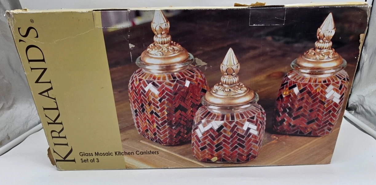 Kirkland's Three Piece Glass Mosaic Kitchen Canister Set New Open Box