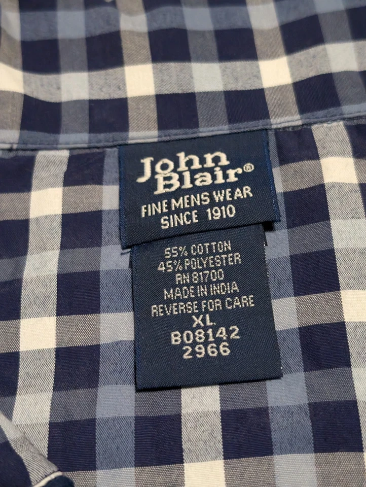 Camisa de pijama John Blair XL azul a cuadros mezcla de algodón botón delantero manga larga dormir Foto 4 de 4